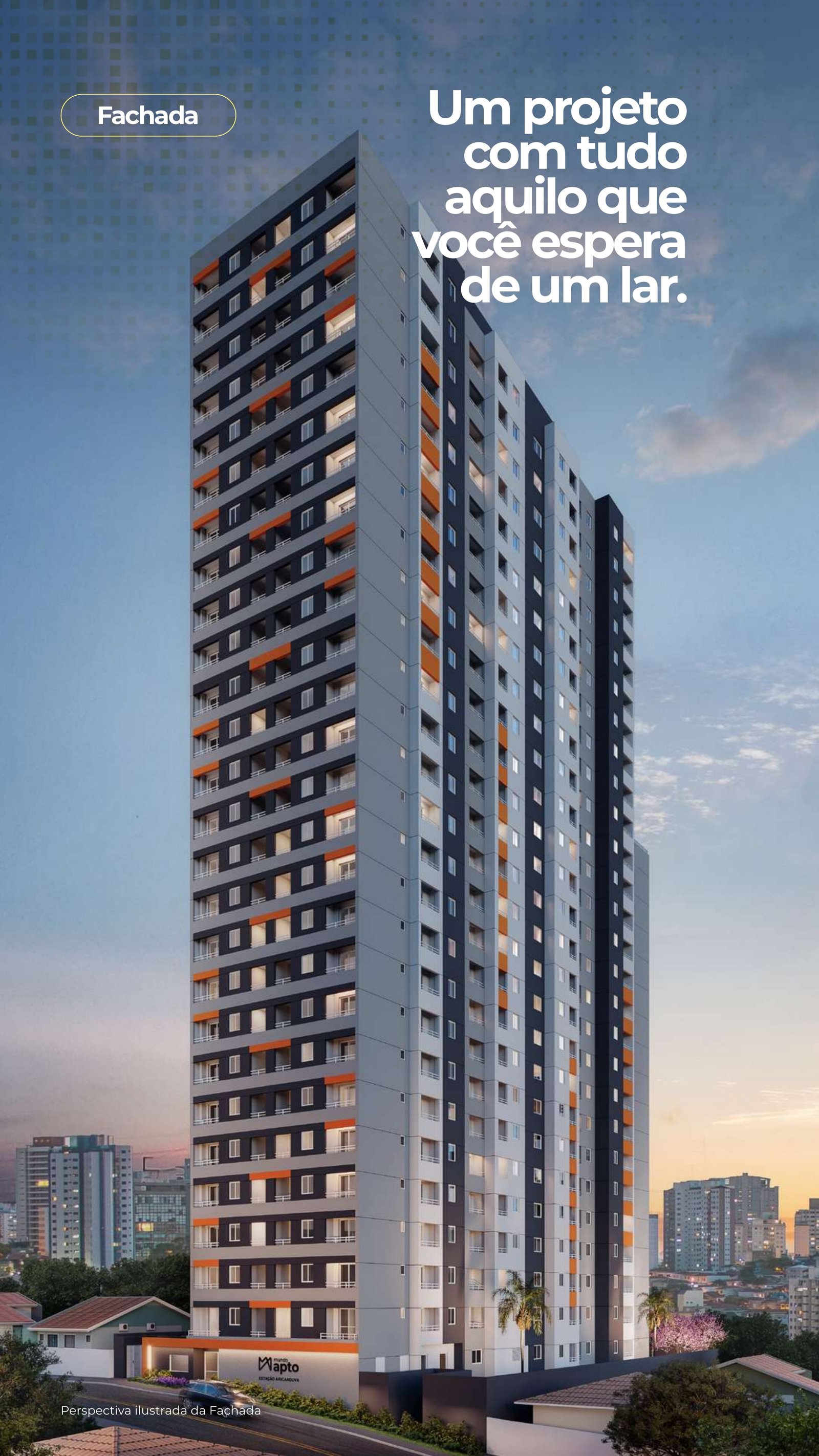 Referência ilustrativa de fachada de edifício residencial